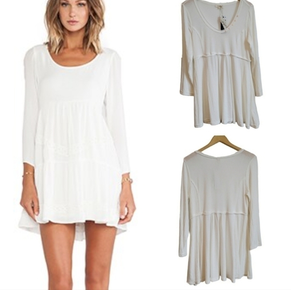 EMPIRE WAIST Mini Dress Cream Off-White Babydoll Boho Tunic Mystree Medium New - Picture 1 of 9